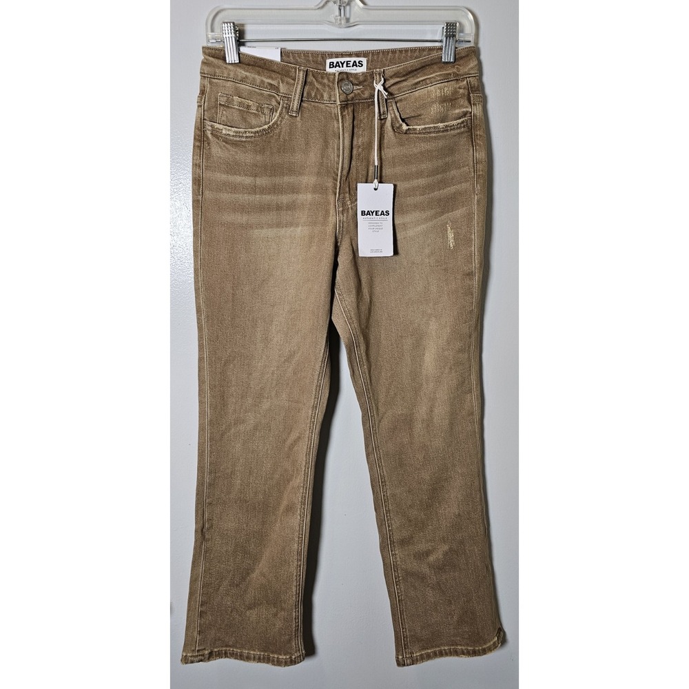Bayeas High Rise Crop Flare Jeans Tan Distressed Women's Size 27 NWT